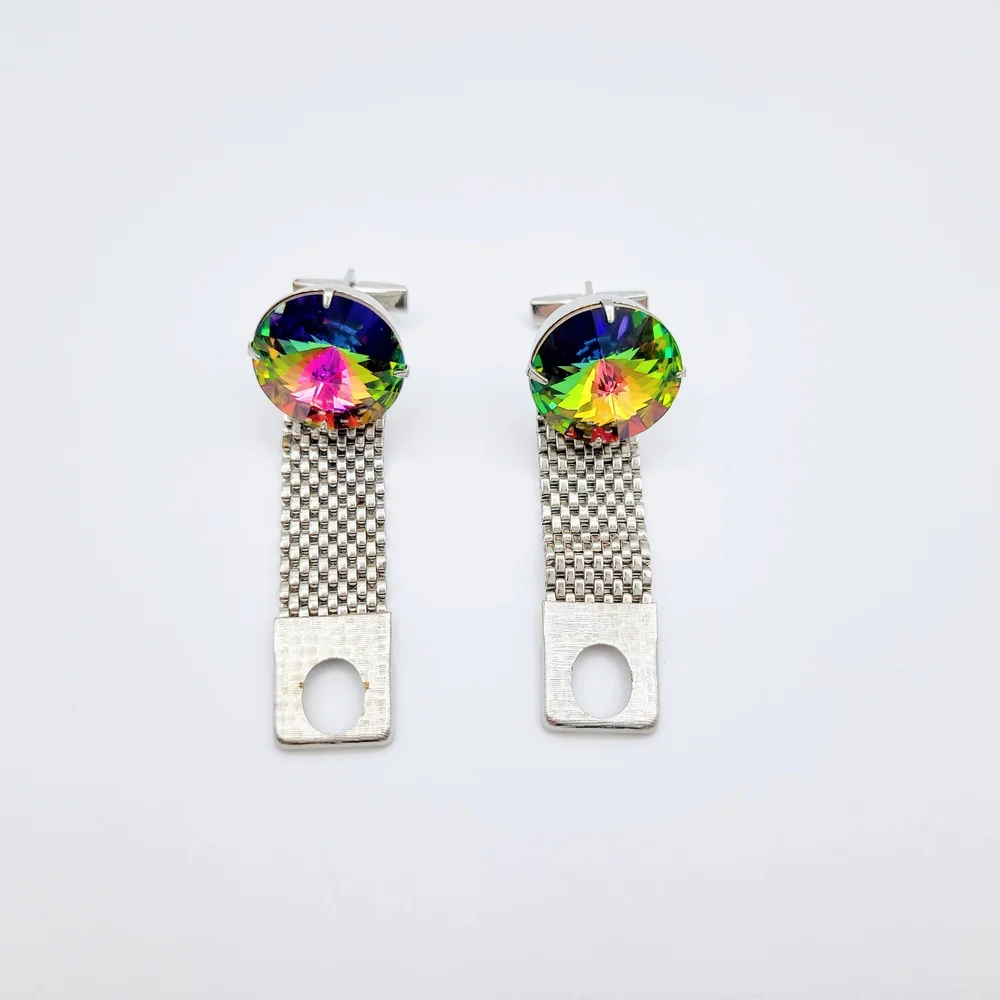 Vintage Rainbow Rivoli Crystal Silver Tone Mesh Cufflinks - Picture 8 of 12